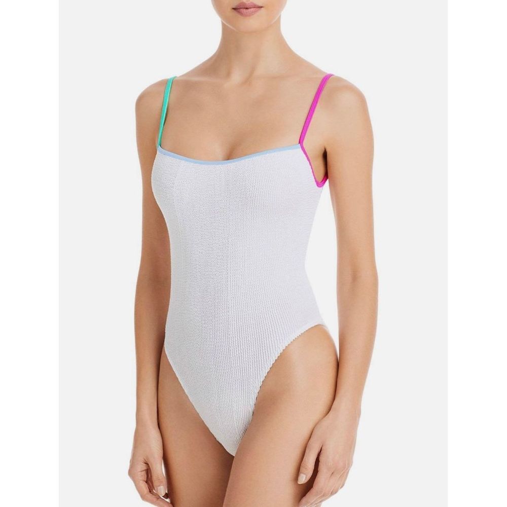 bond-eye White Textured One-Piece with Pink and Teal Straps